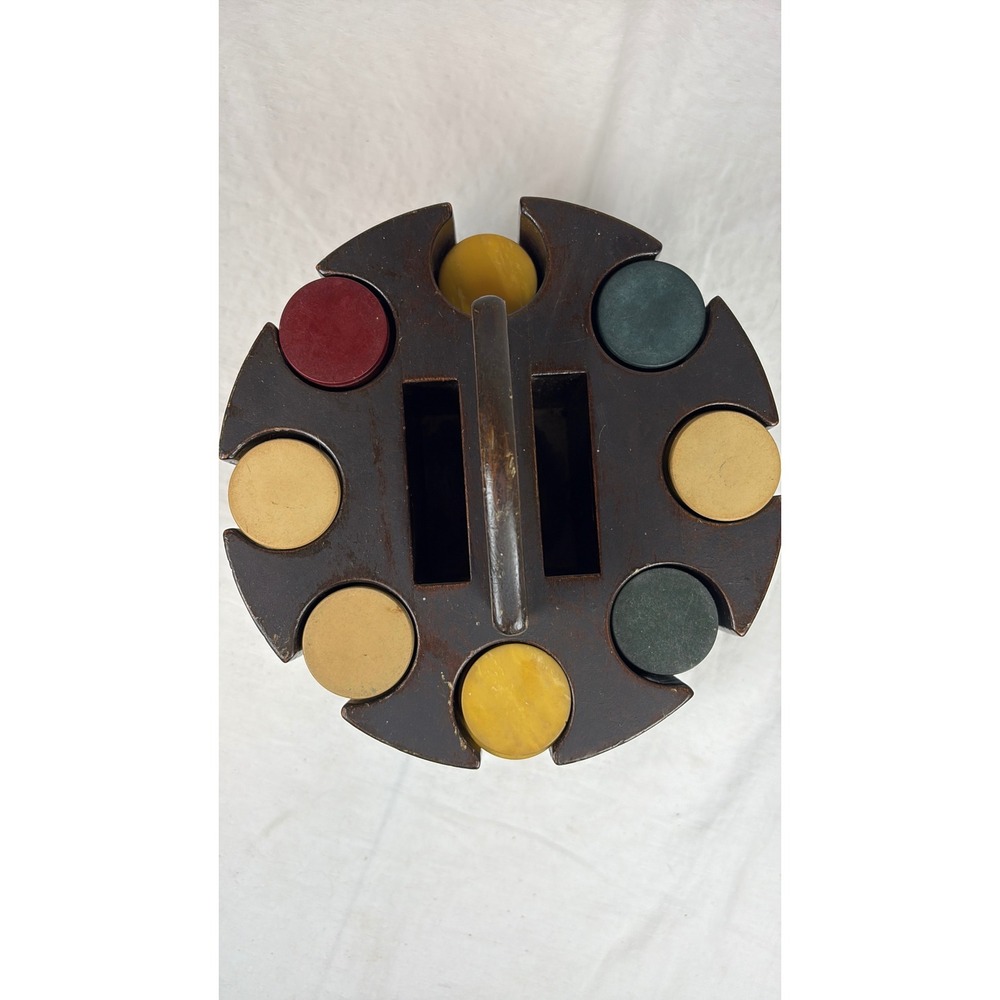 Vtg Wood Carousel Poker Chip Carrier Caddy w/ 230 Clay Chips Lazy Susan 2 Decks - Picture 12 of 16